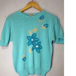 Vintage Sweater Top 1980s Floral Granny Cottage Short Sleeve Blue Womens Medium